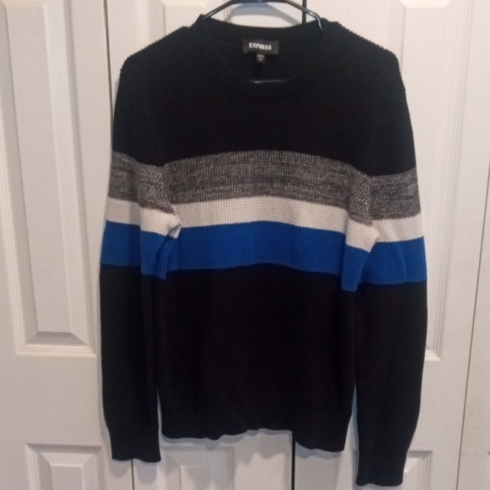 Express Men's Crewneck Sweater in Black with Blue, Gray and White Stripes